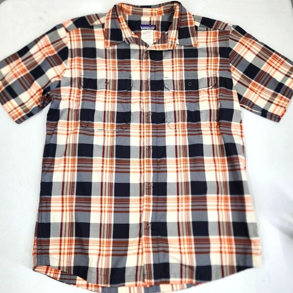 Patagonia El Ray Short Sleeve Plaid Snap Button Up Shirt Gray Orange Men’s M - Picture 1 of 5